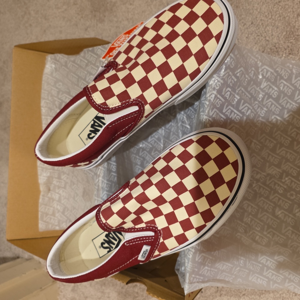 Vans Womens Burgundy and Cream Checkerboard Slip-On Sneakers